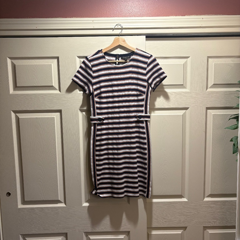 Banana Republic Striped Knit Sheath Dress Size 4 Navy Ponte
